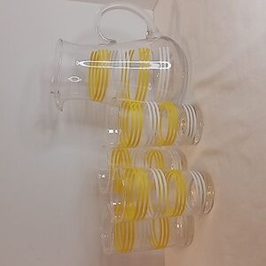 Vintage 80's At Home 5 Piece Striped Yellow/White Pitcher W/4 Tea Juice Glasses